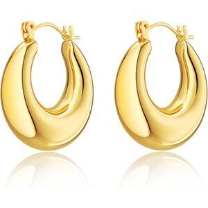 Chunky Gold Hoop Earrings for Women, 14k Gold Plated Thick Triple Hoop Earrings